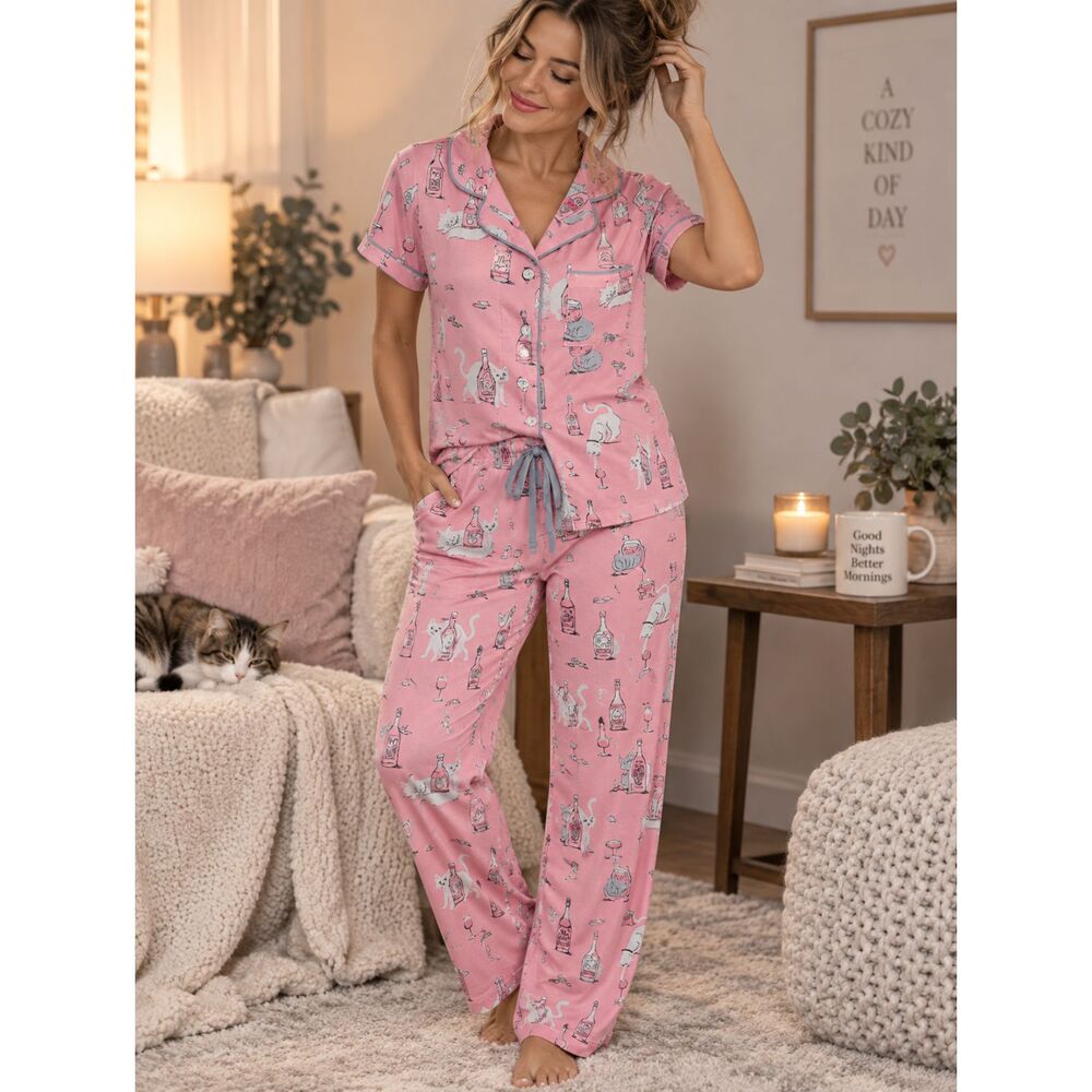 Munki Munki Pink Kitty Champagne 2 Piece Pajama Set Women’s Small
